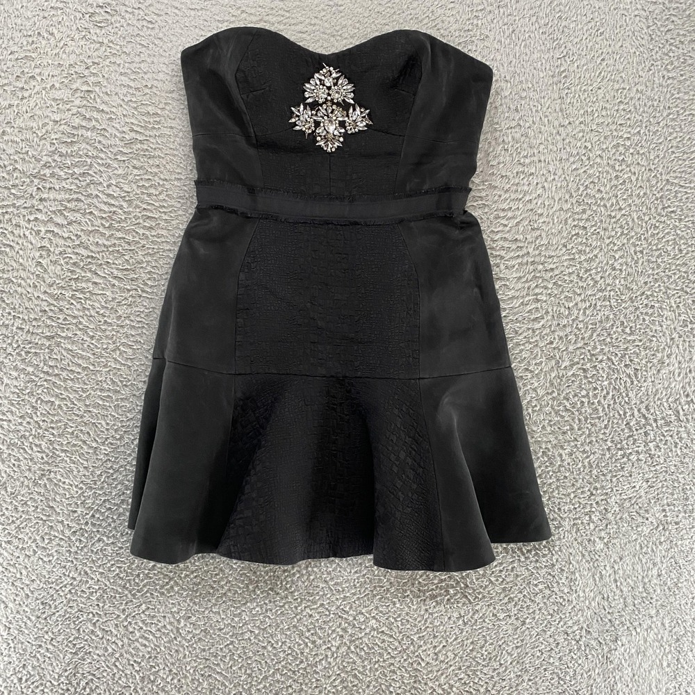 Rebecca Taylor Dress Womens 4 Black Strapless Embellished Jacquard Mini Cocktail